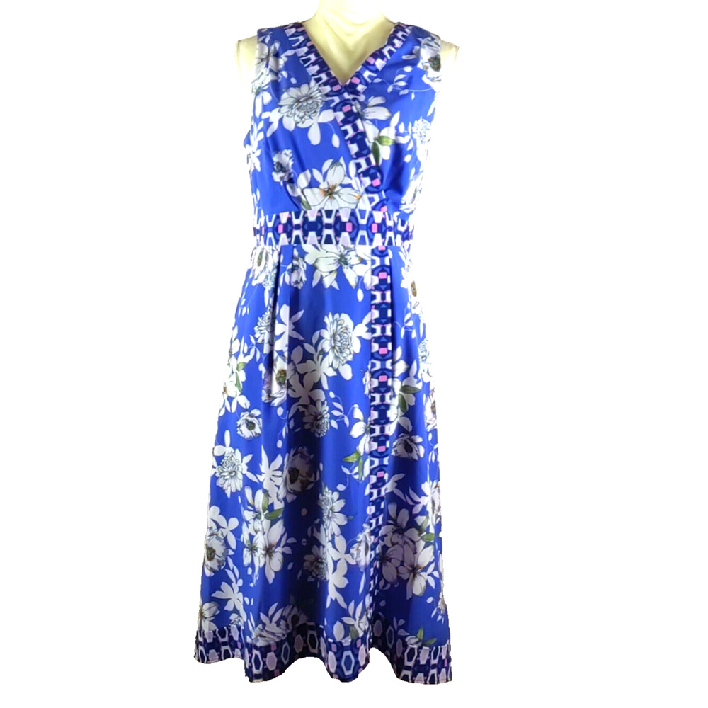 Chris McLaughlin Women's Dress Size 8 Blue Pink Floral Sleeveless V Neck Lined